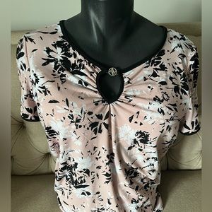 Adrienne Vittadini Short Sleeve, Peep Hole, Pink and Black floral Top
